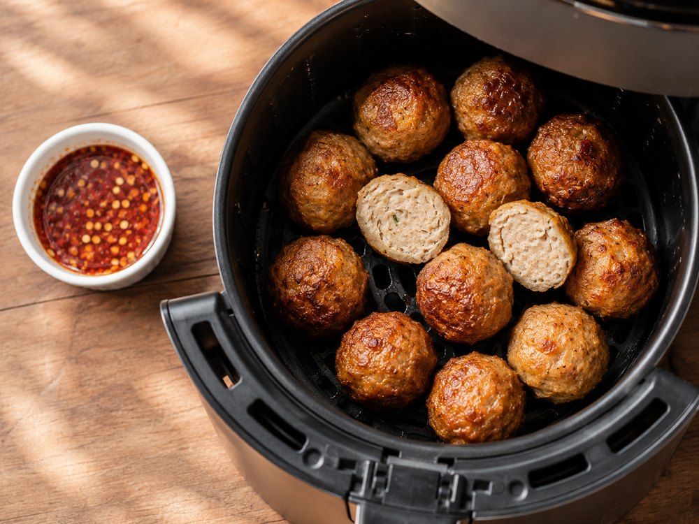 Air-fried Asian meatballs, crisp outside and springy inside, with chili dipping sauce