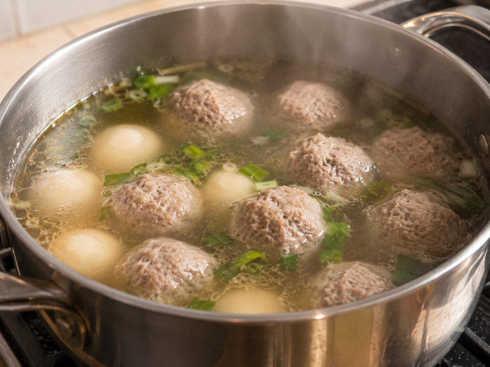 Frozen Asian beef meatballs and fish balls simmering in clear broth
