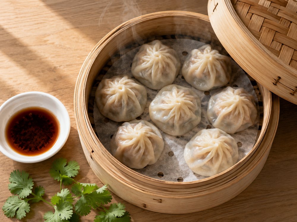 Frozen pork dumplings steamed in a bamboo steamer basket